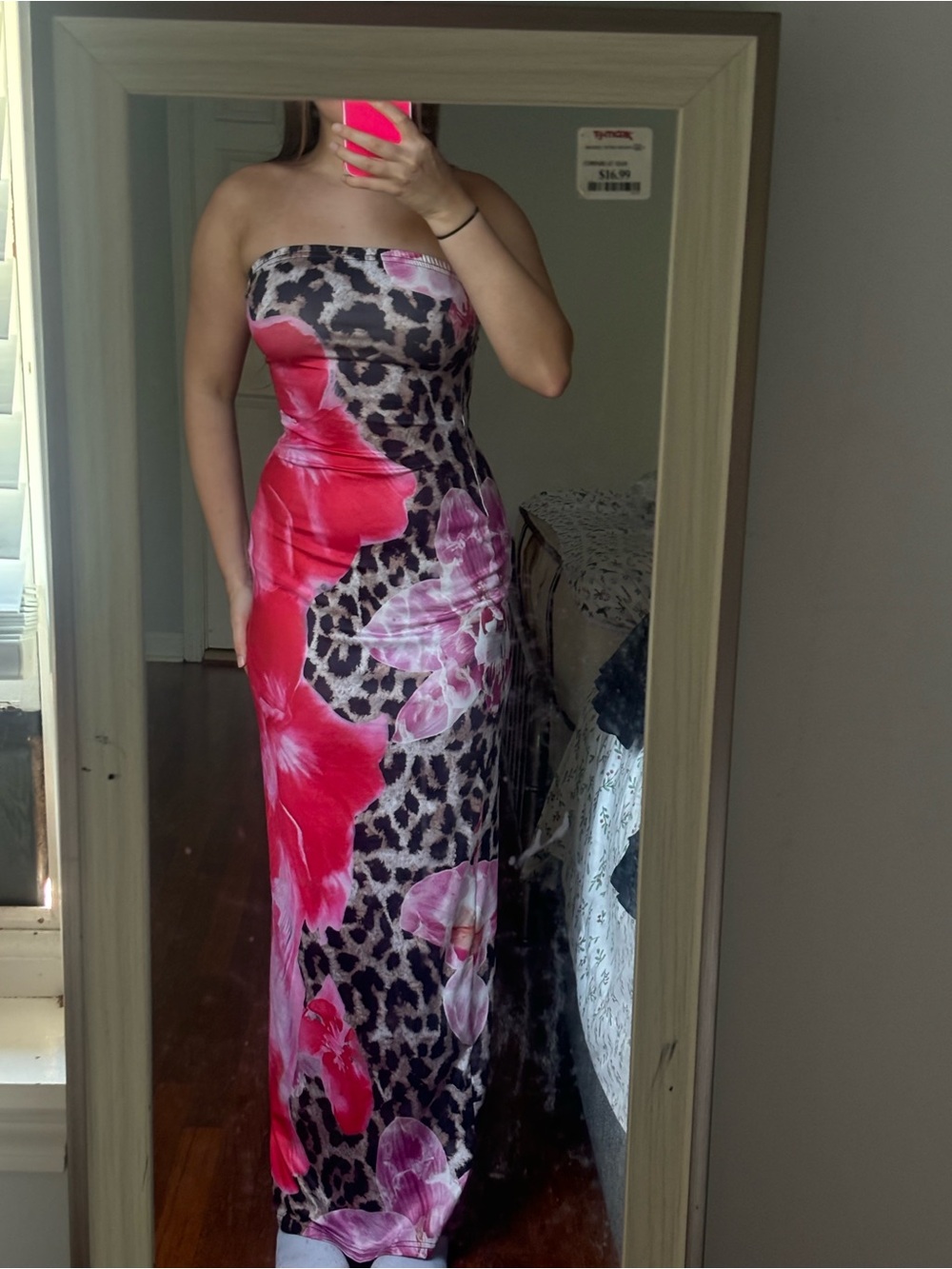 SHEIN Strapless Floral & Leopard Print Maxi Dress - Pink Black